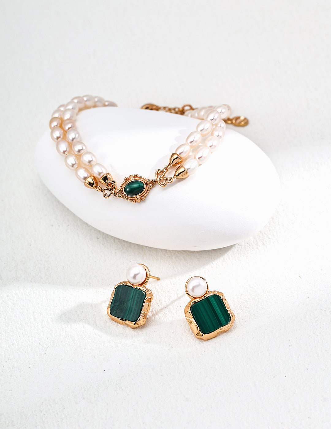 18K Gold S925 Silver - Athena Pearl & Malachite Earrings