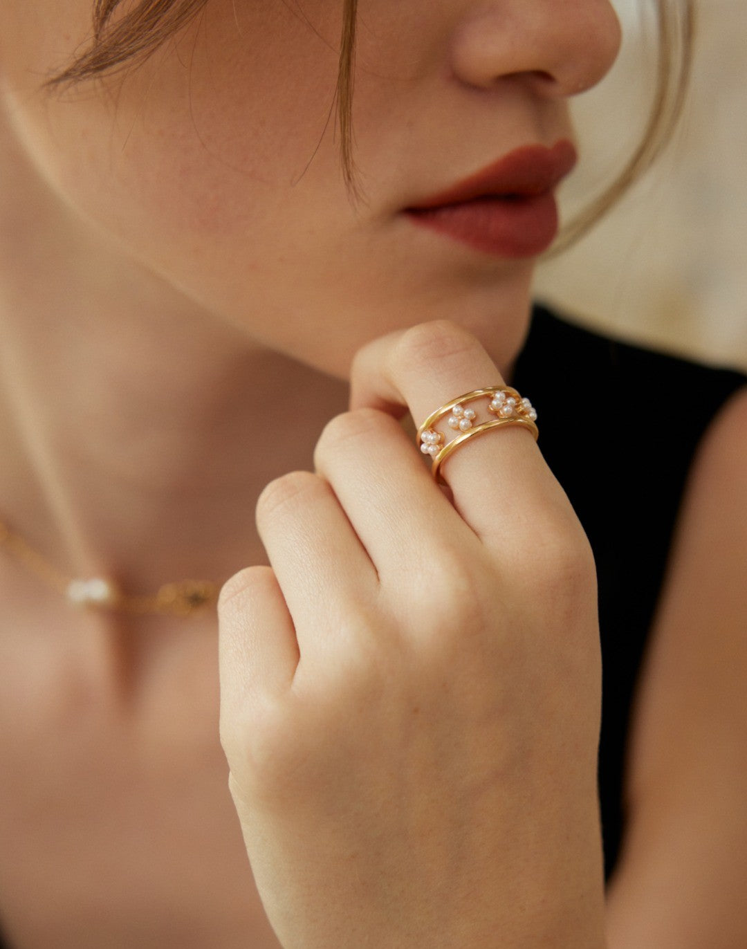 18K Gold S925 Silver - Blossom Pearl Band Ring