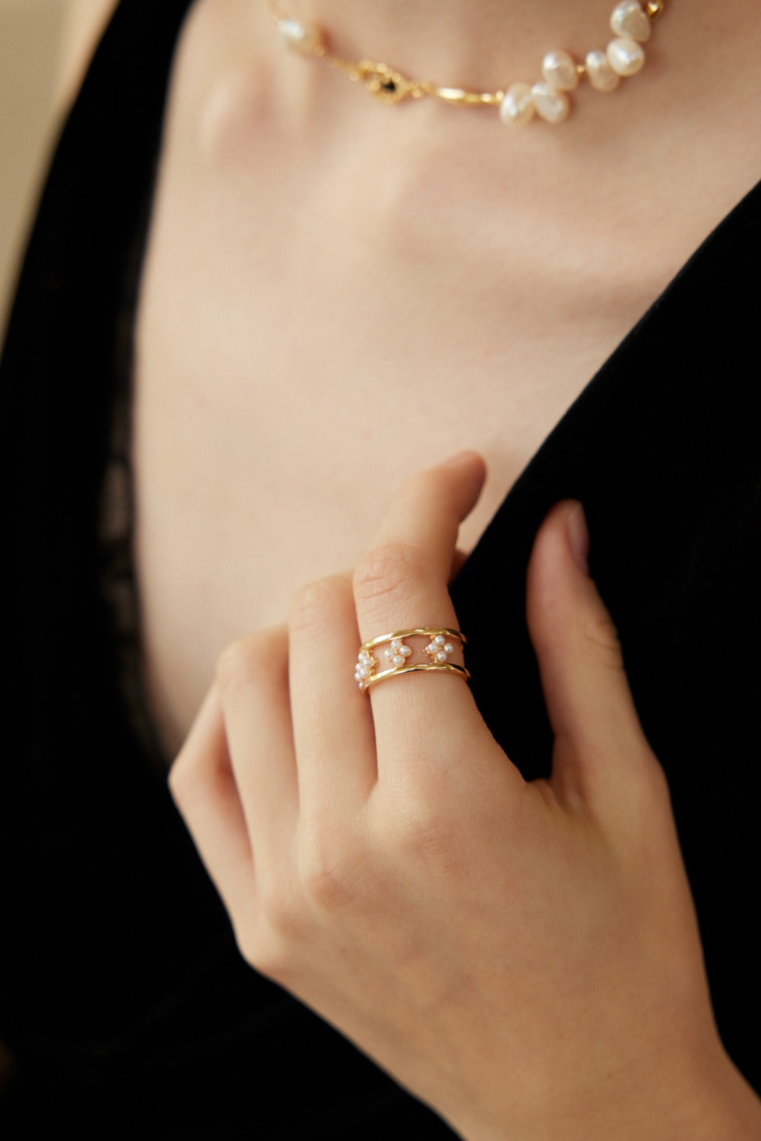 18K Gold S925 Silver - Blossom Pearl Band Ring