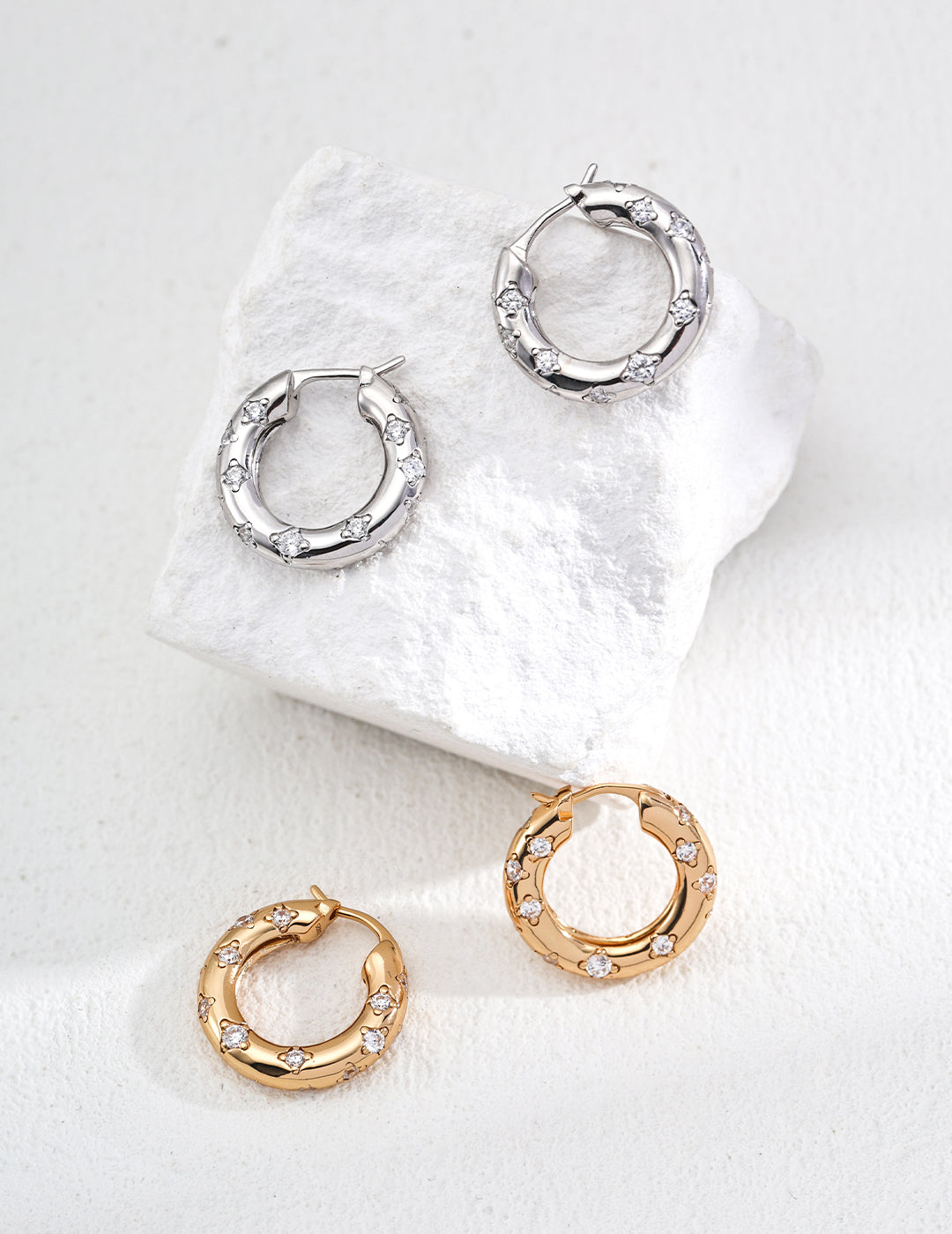 18K Gold S925 Silver - Luna Pavé Huggie Hoops Earrings