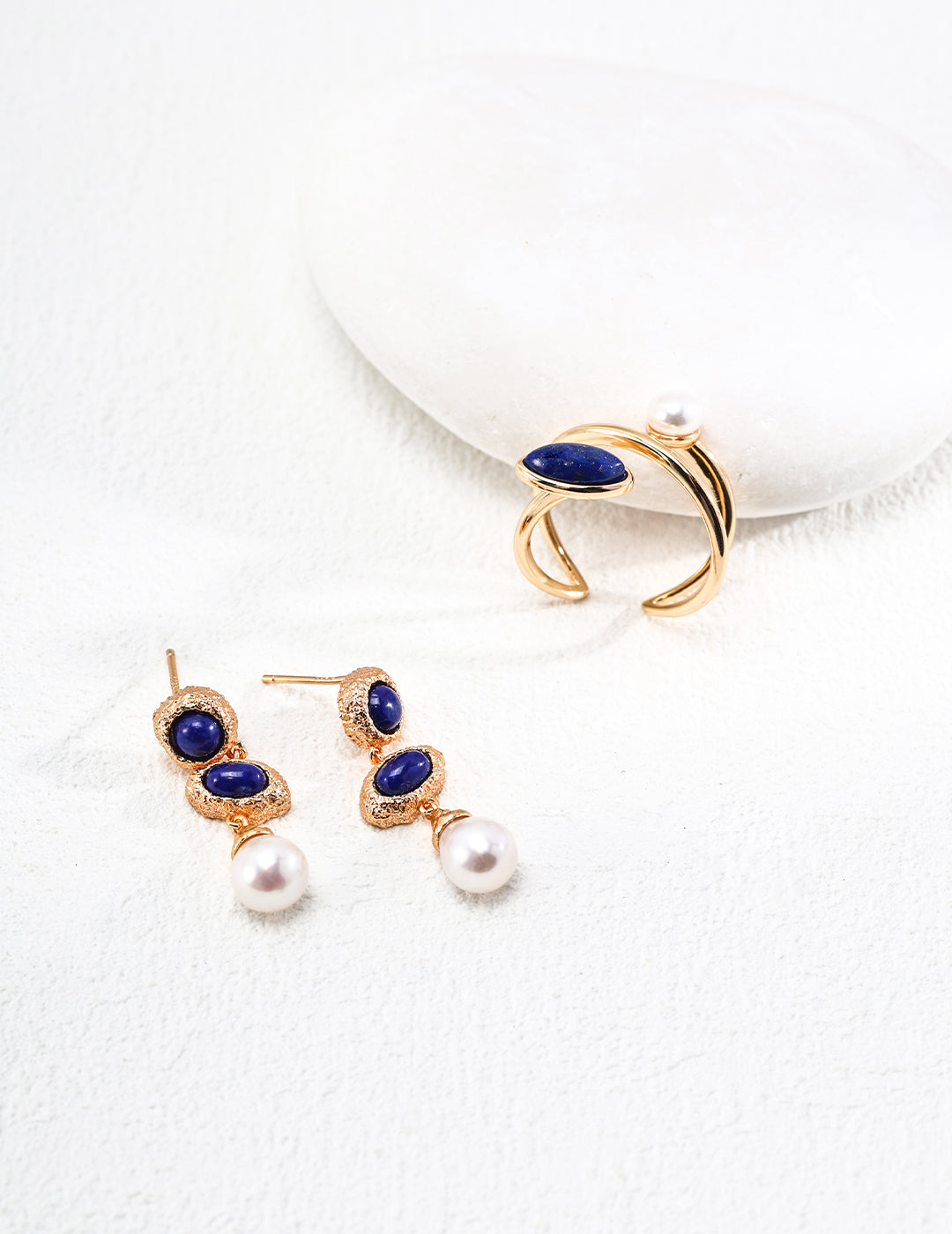 18K Gold S925 Silver - Nocturne Lapis & Pearl Cuff Ring
