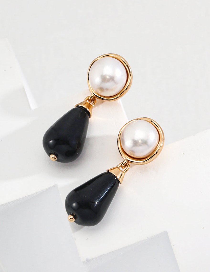 18K Gold S925 Silver Classic Black Onyx Noir Pearl Drop Earrings