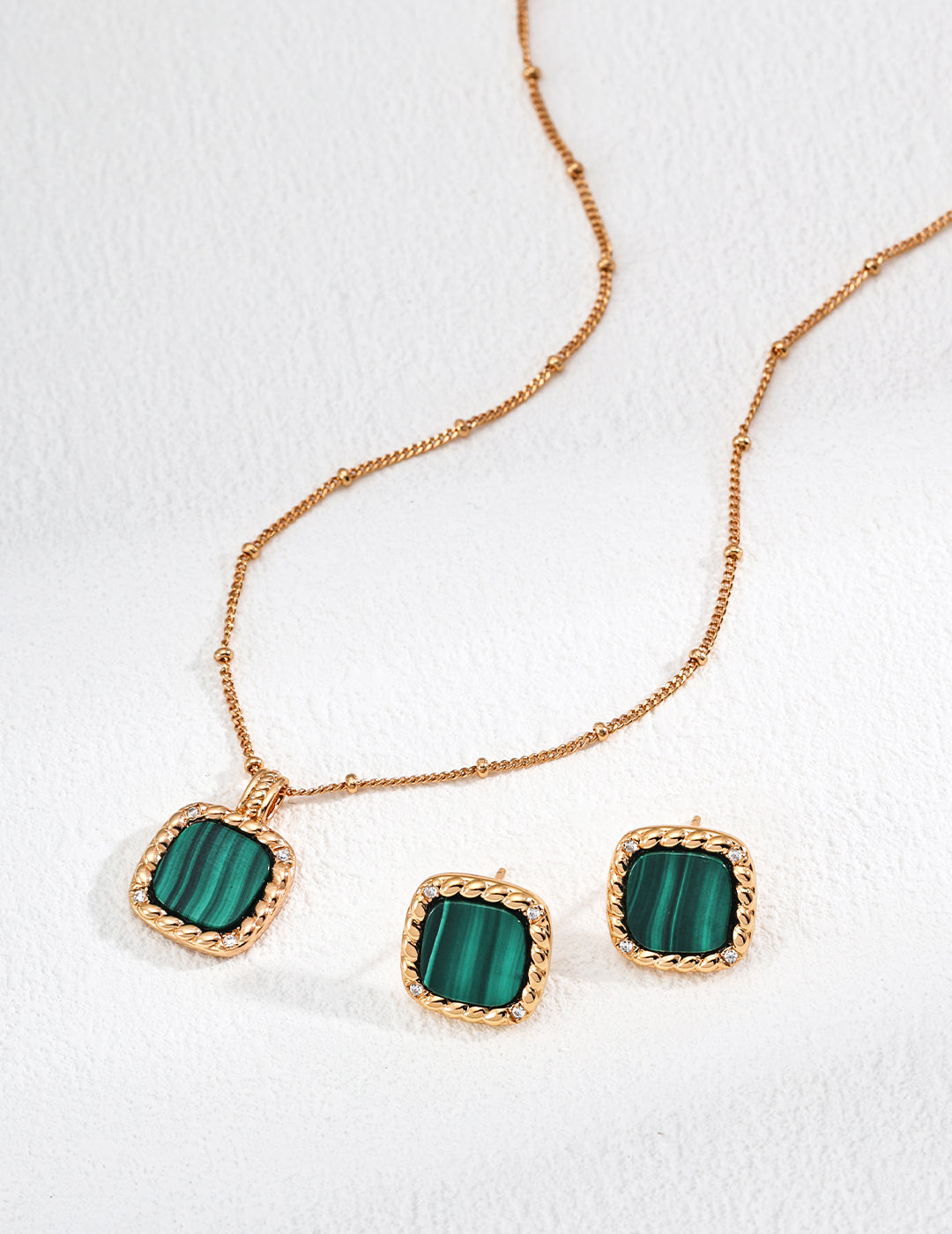 18K Gold S925 Silver - Malachite Square Stud Earrings & Necklace Set