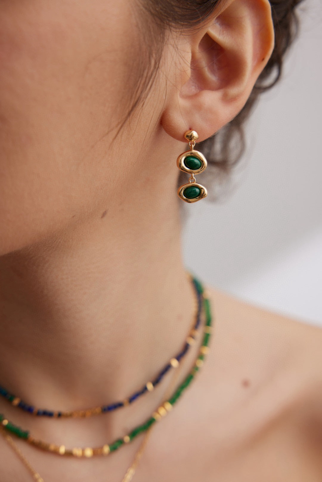 18K Gold S925 Silver - Ripple Drop Malachite Earrings