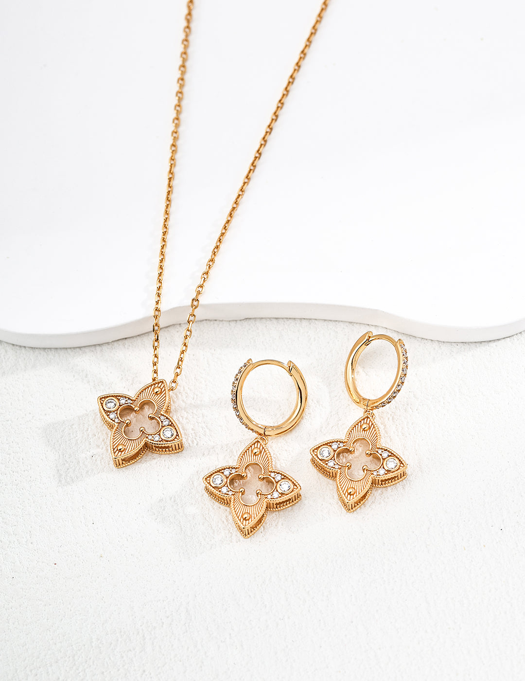 18K Gold, S925 Silver - Aurelle Quatrefoil Earrings & Necklace Set