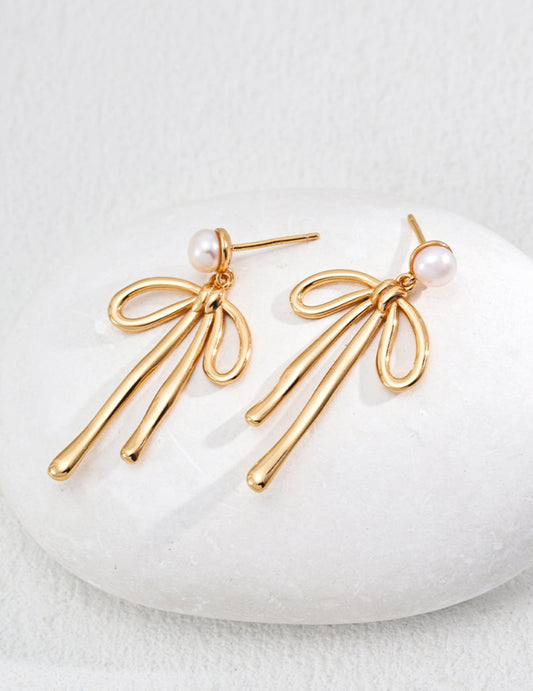 bow drop gold silver earrings