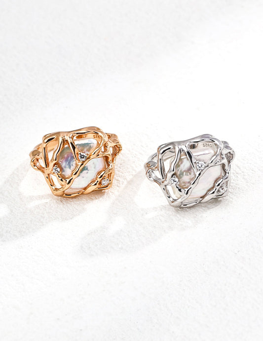 Two rings, one gold and one silver, EnclaveBaroquePearlRing_4