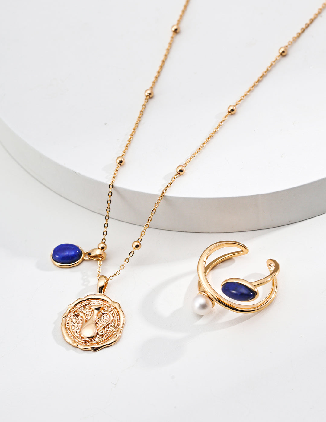 18K Gold S925 Silver - Golden Wish Lapis Lazuli Earrings & Pendant Chain Set