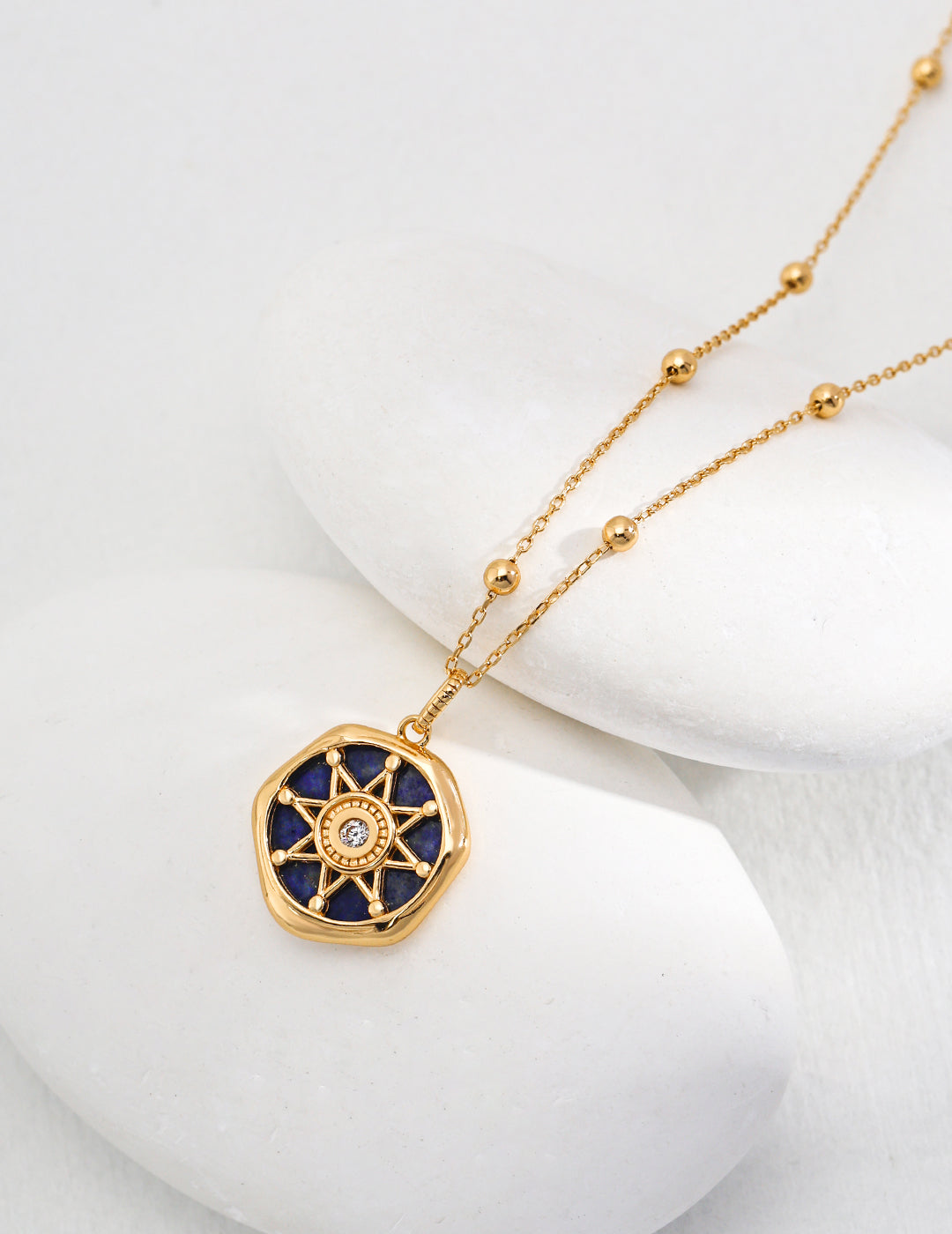 18K Gold, S925 Silver - Lapis Lazuli Celestial Compass Pendant Chain