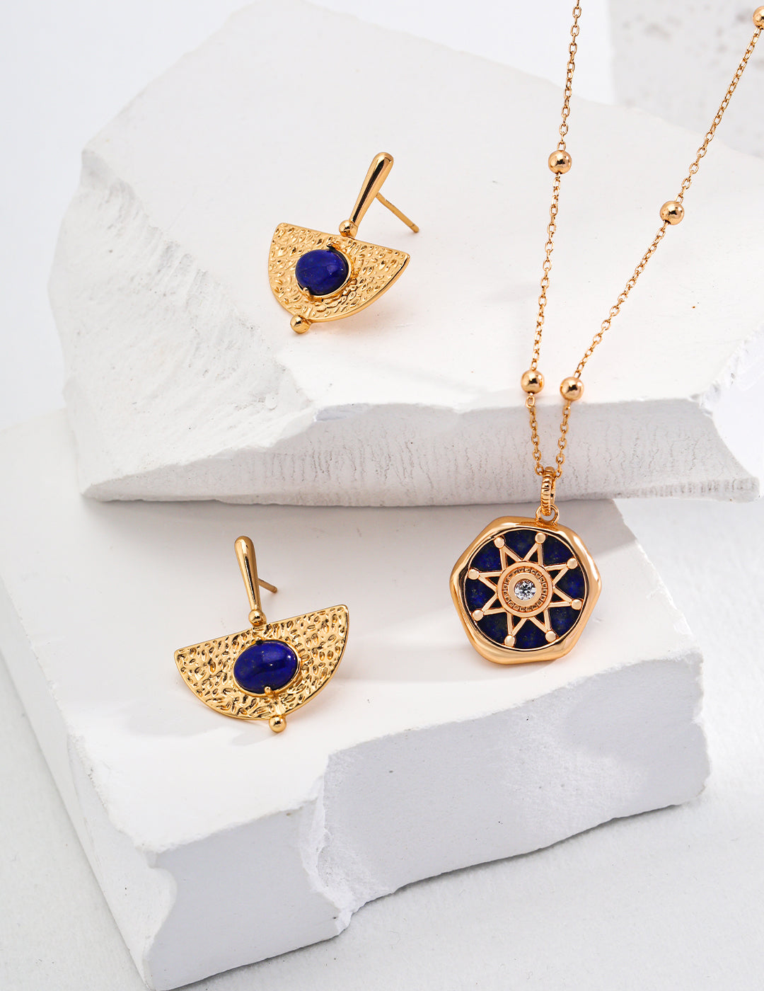 18K Gold, S925 Silver - Lapis Lazuli Celestial Compass Pendant Chain