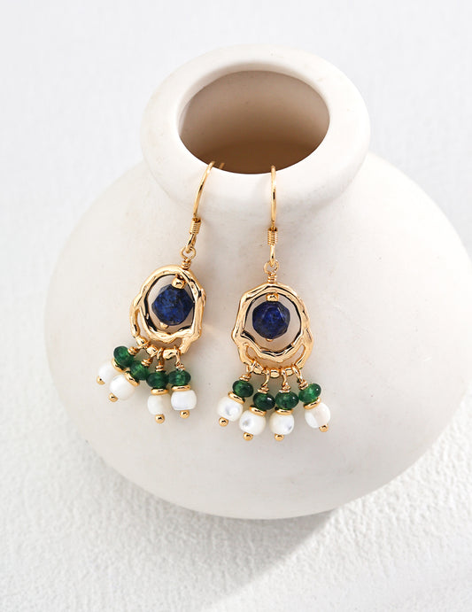 18K Gold S925 Silver - Bohemian Charm Lapis Lazuli Pearl Drop Earrings