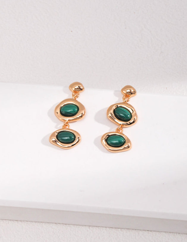 18K Gold S925 Silver - Ripple Drop Malachite Earrings