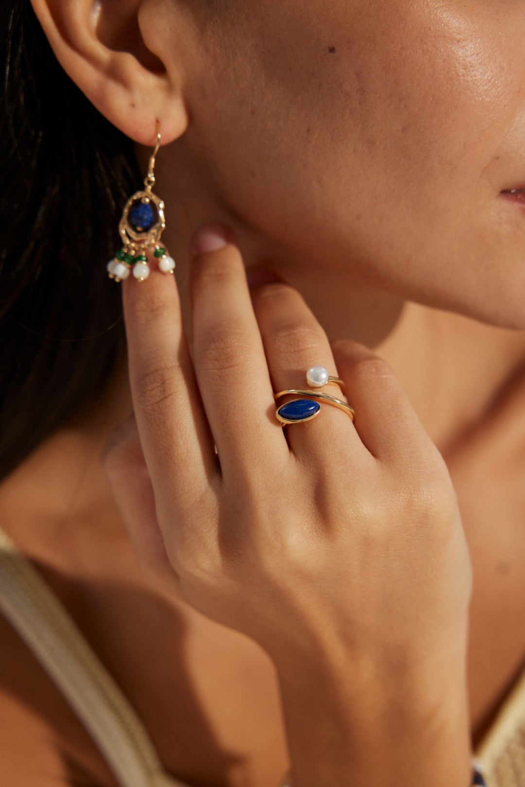 18K Gold S925 Silver - Nocturne Lapis & Pearl Cuff Ring