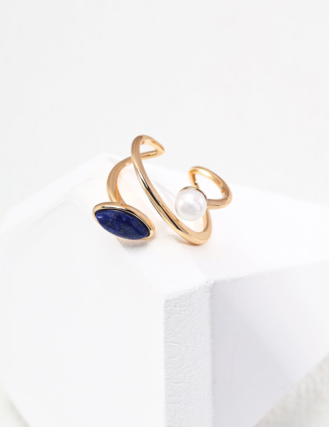 18K Gold S925 Silver - Nocturne Lapis & Pearl Cuff Ring