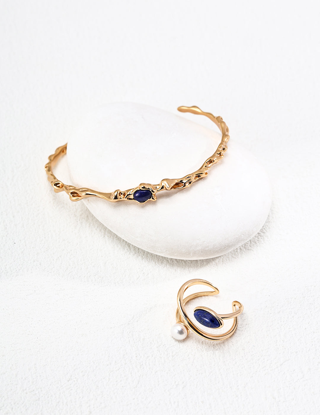 18K Gold S925 Silver - Nocturne Lapis & Pearl Cuff Ring