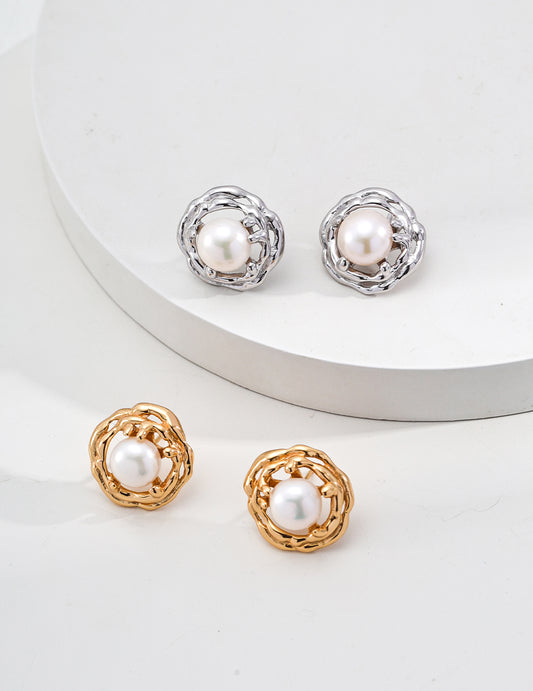 18K Gold S925 Silver - Golden Nest Pearl Studs