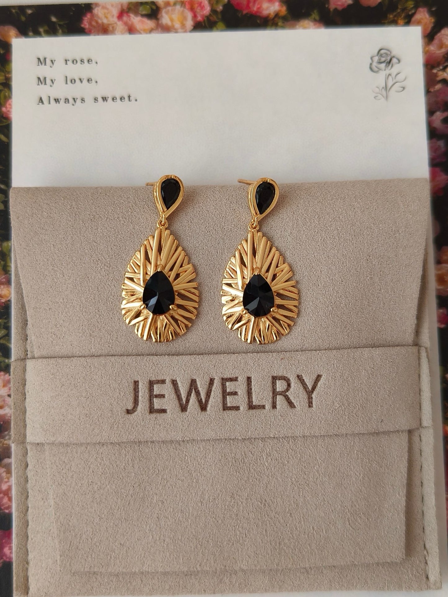 18K S925 Silver - Golden Black Onyx Sunburst Earrings