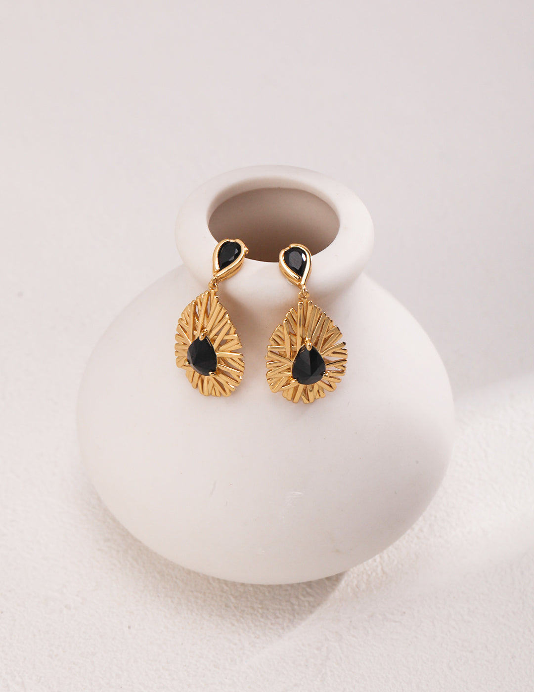 18K S925 Silver - Golden Black Onyx Sunburst Earrings