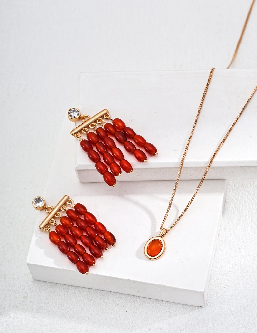 18K Gold S925 Silver - Crimson Cascade Agate Earrings