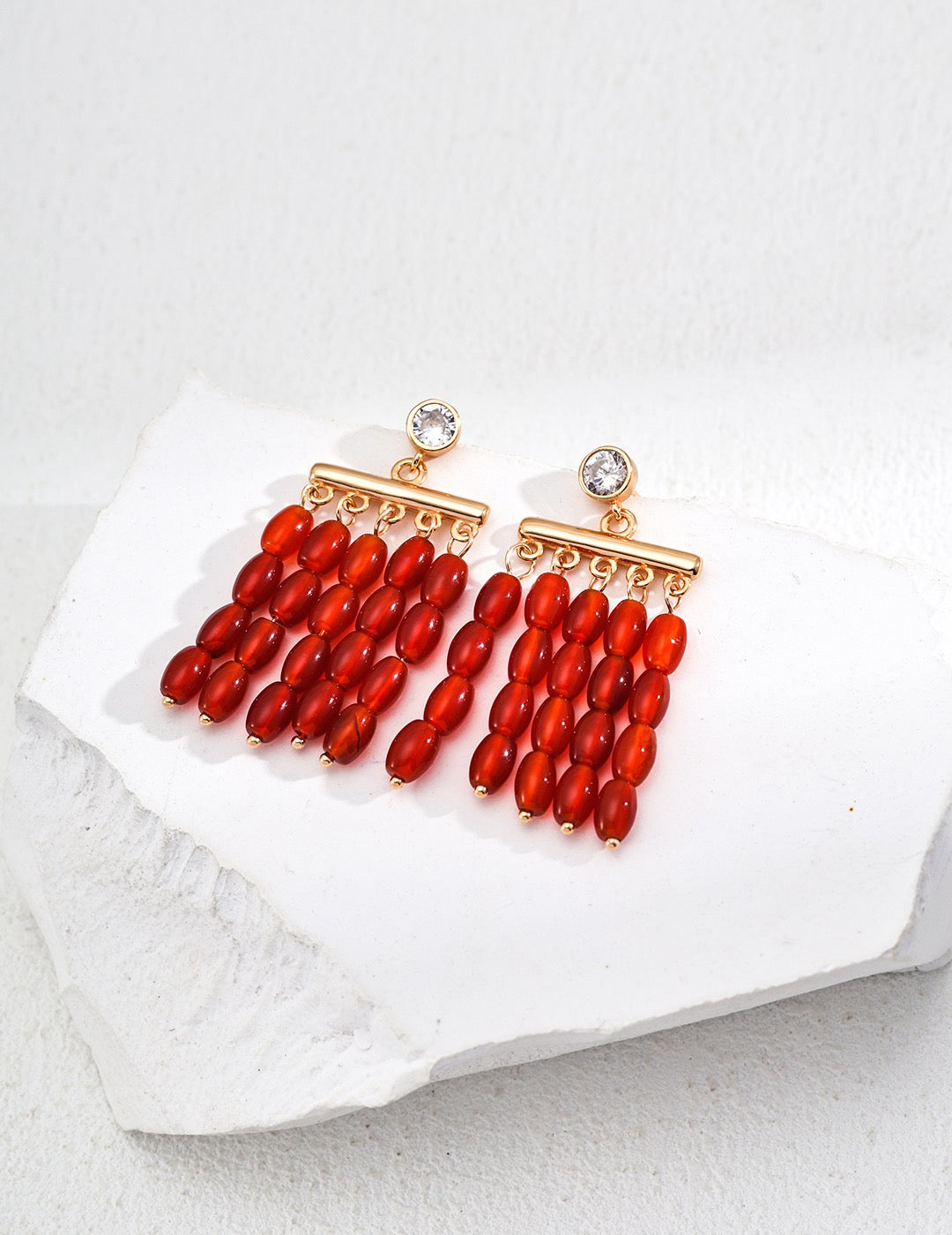 18K Gold S925 Silver - Crimson Cascade Agate Earrings