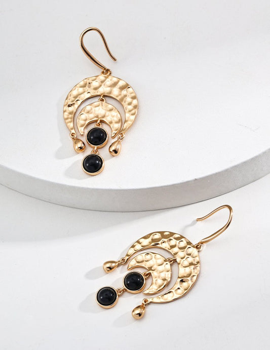 18K S925 Silver - Golden Onyx Lunar Eclipse Hammered Earrings