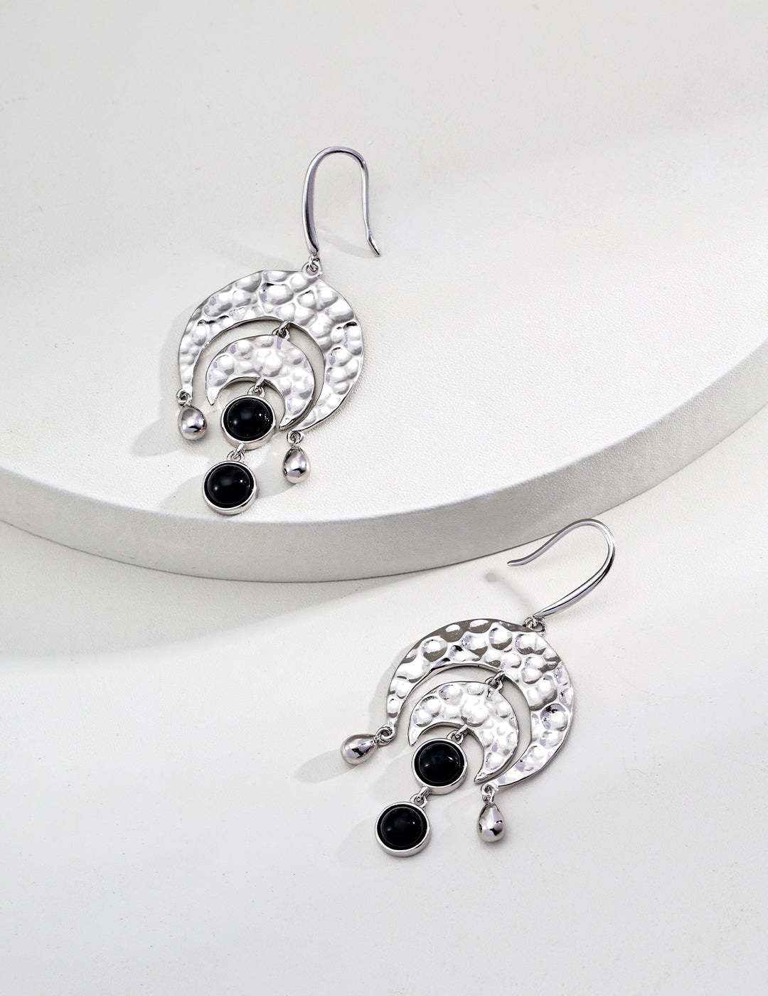 18K S925 Silver - Golden Onyx Lunar Eclipse Hammered Earrings