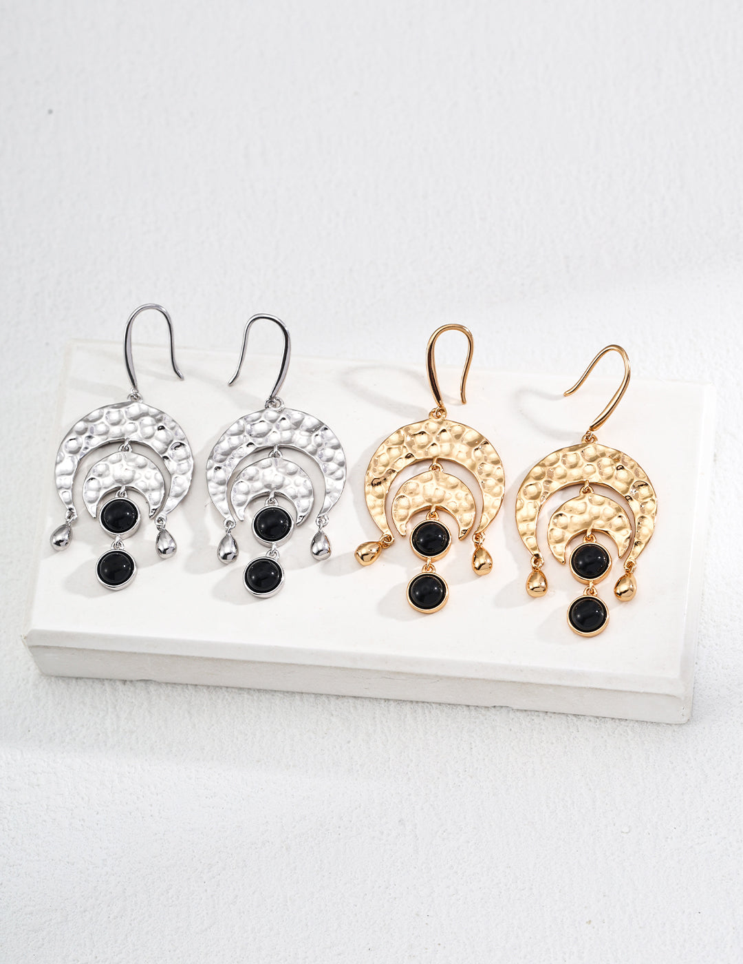 18K S925 Silver - Golden Onyx Lunar Eclipse Hammered Earrings