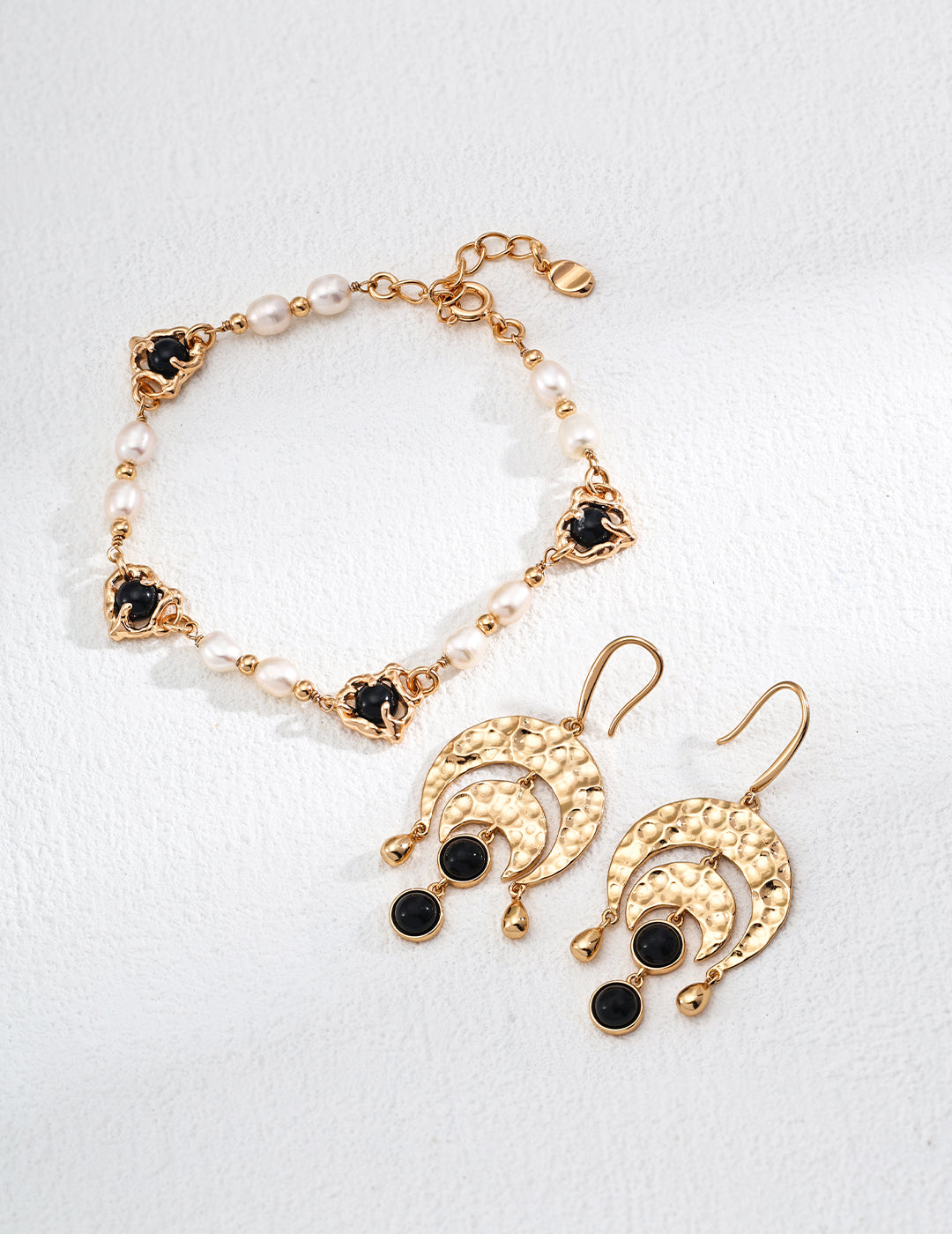 18K S925 Silver - Golden Onyx Lunar Eclipse Hammered Earrings