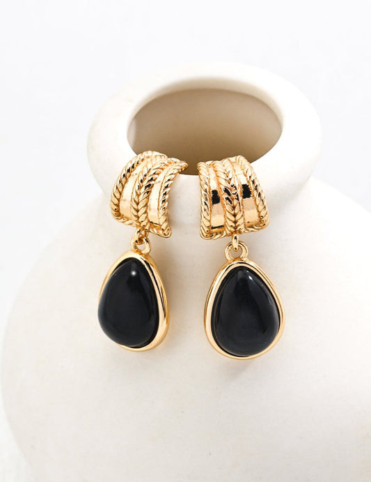 18K Gold S925 Silver - Black Onyx Noir Teardrop Rope Earrings