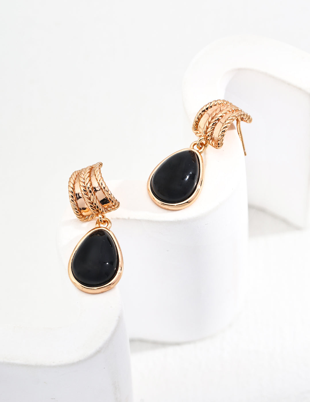 18K Gold S925 Silver - Black Onyx Noir Teardrop Rope Earrings