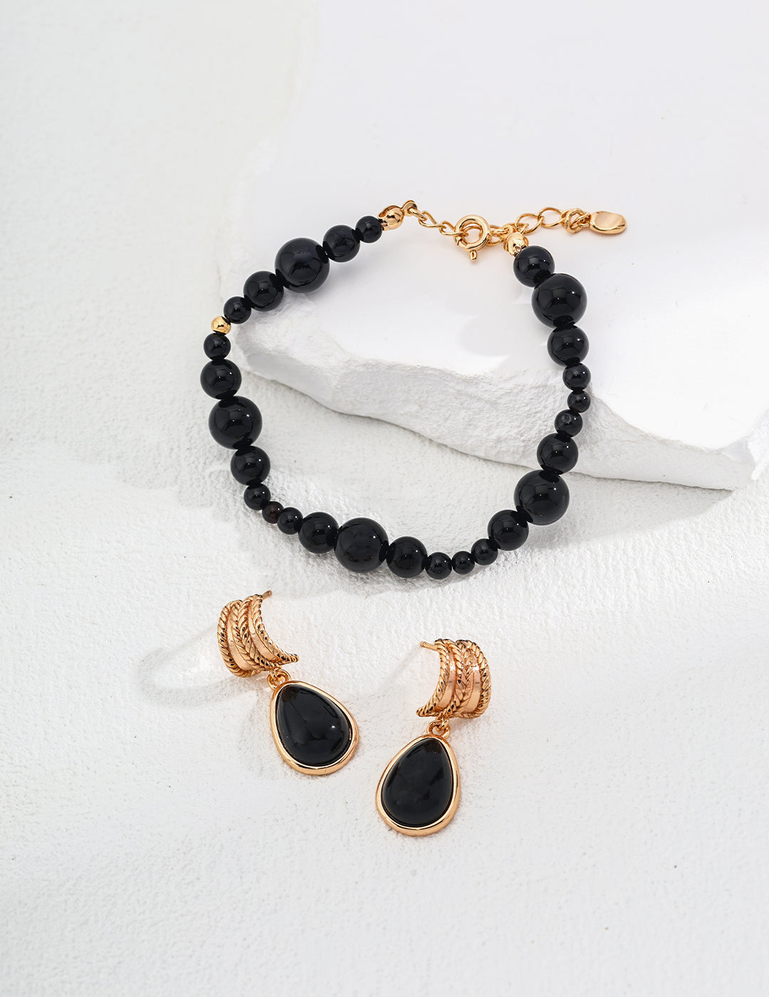 18K Gold S925 Silver - Black Onyx Noir Teardrop Rope Earrings