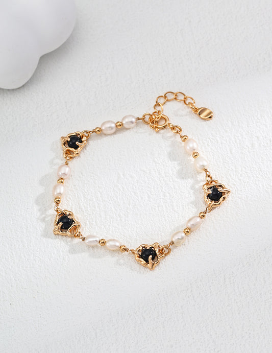 18K Gold S925 Silver - Midnight Grace Pearl & Onyx Bracelet