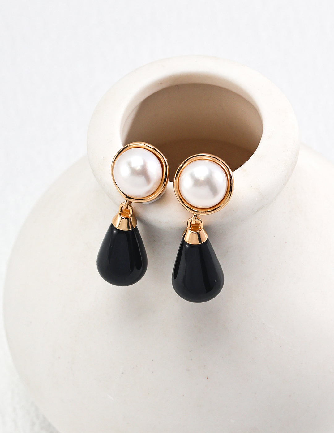 18K Gold S925 Silver - Classic Black Onyx Noir Pearl Drop Earrings