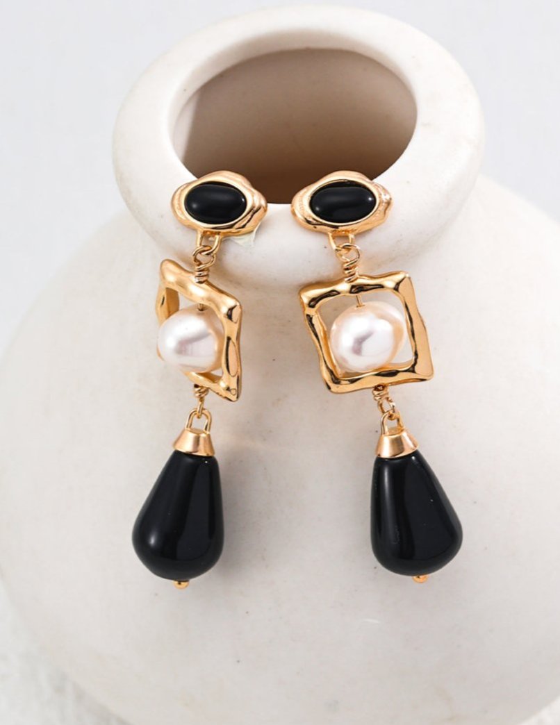 18K Gold S925 Silver - Black Onyx Midnight Radiance Drop Earrings