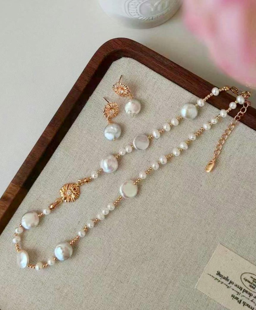 floral pearl gold necklace and earring set
