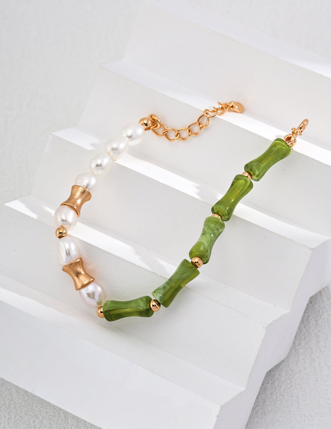 18K Gold S925 Silver - Jade & Pearl Oasis Bracelet & Necklace Set