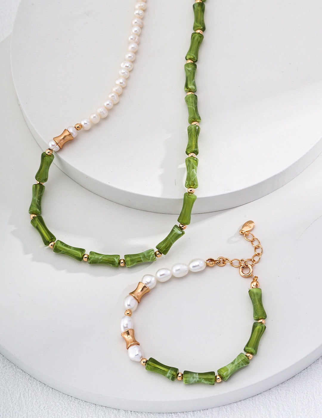 18K Gold S925 Silver - Jade & Pearl Oasis Bracelet & Necklace Set