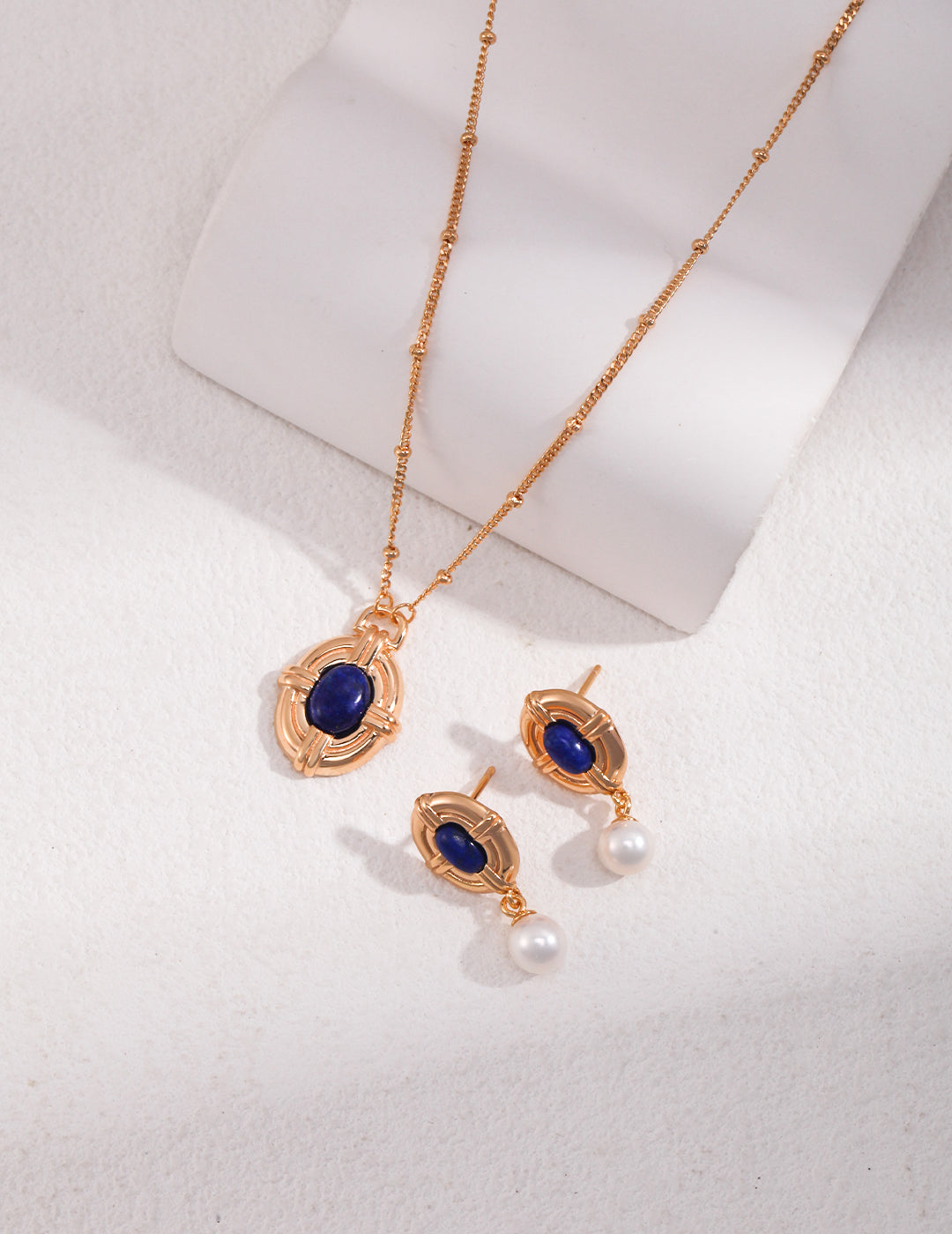 18K S925 Silver - Regal Lapis & Pearl Earrings & Necklace Set