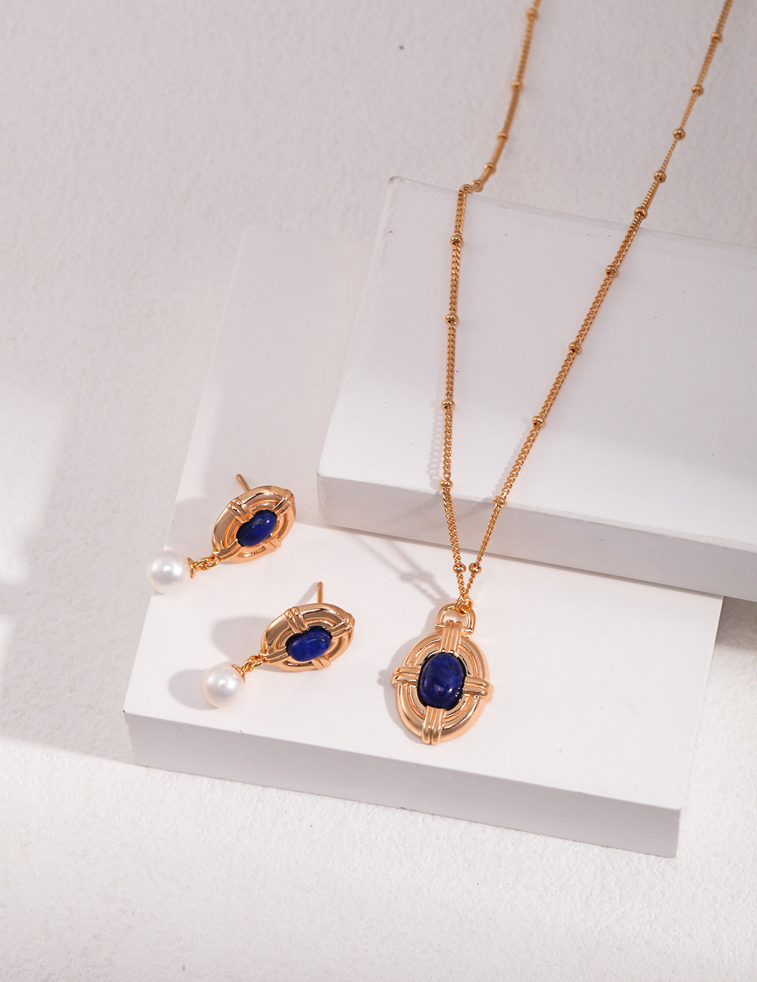 18K S925 Silver - Regal Lapis & Pearl Earrings & Necklace Set