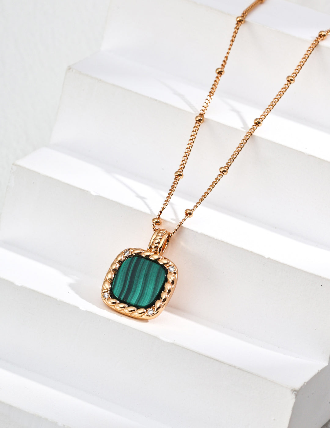 18K Gold S925 Silver - Malachite Square Stud Earrings & Necklace Set