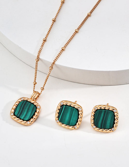 18K Gold S925 Silver - Malachite Square Stud Earrings & Necklace Set