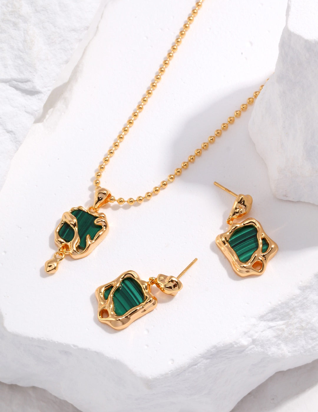 18K Gold S925 Silver - Abstract Malachite Earrings & Necklace Set