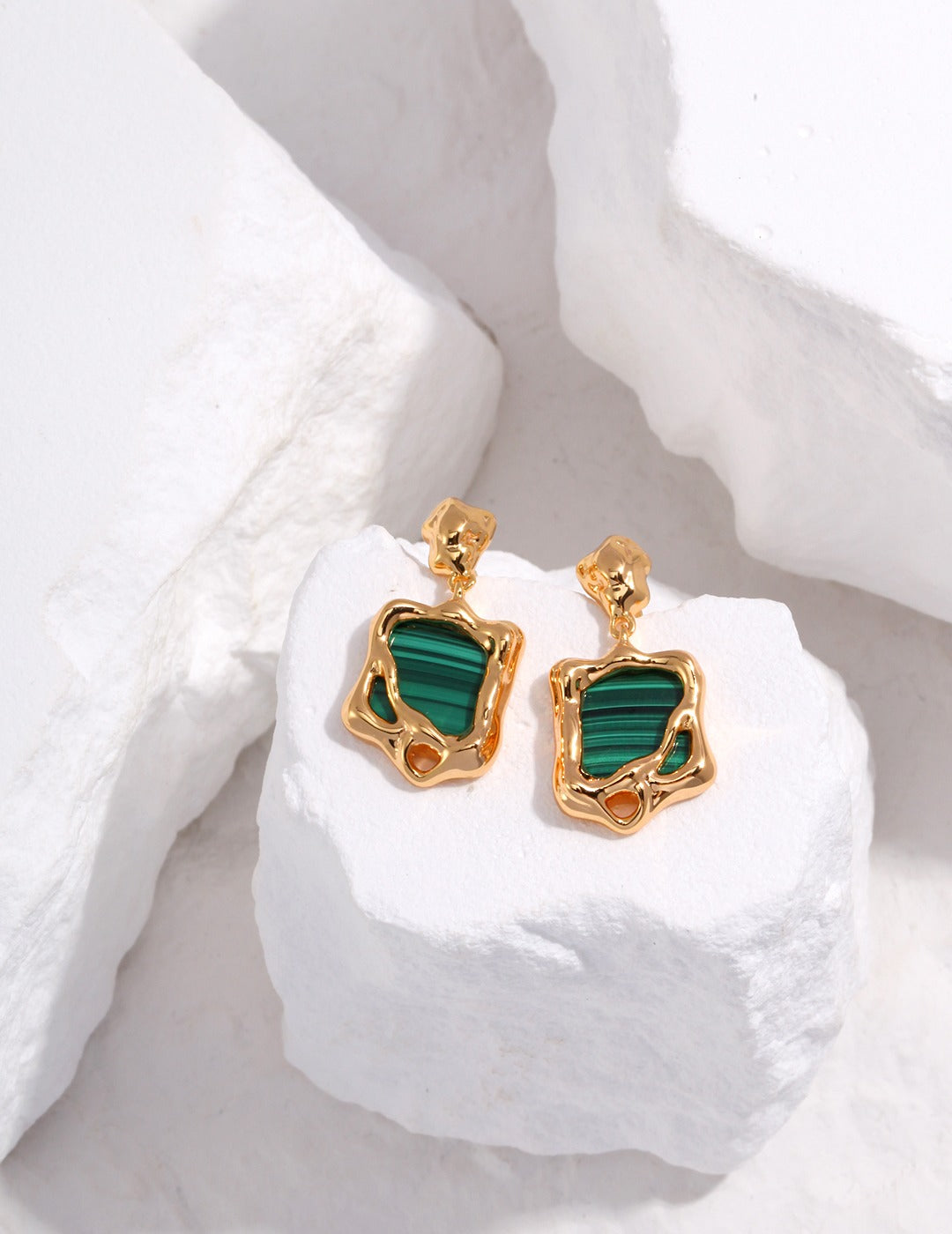 18K Gold S925 Silver - Abstract Malachite Earrings & Necklace Set