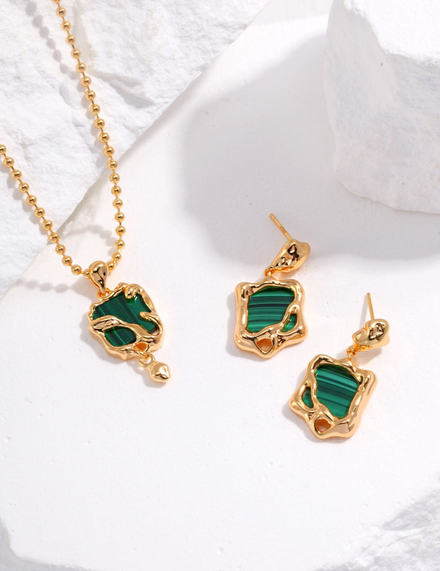 18K Gold S925 Silver - Abstract Malachite Earrings & Necklace Set