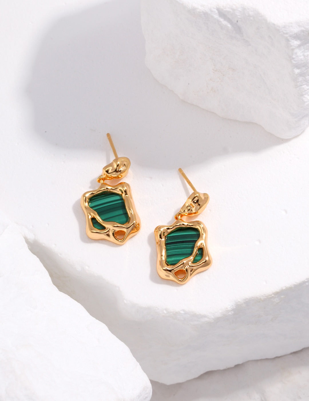 18K Gold S925 Silver - Abstract Malachite Earrings & Necklace Set