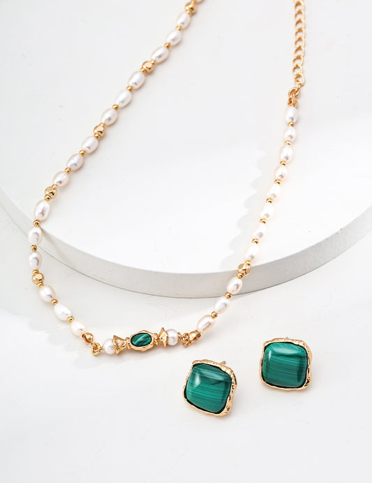 18K Gold S925 Silver - Malachite & Pearl Harmony Necklace