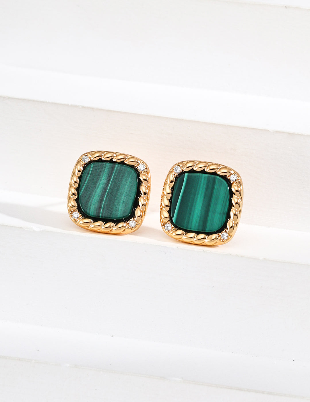 18K Gold S925 Silver - Malachite Square Stud Earrings & Necklace Set