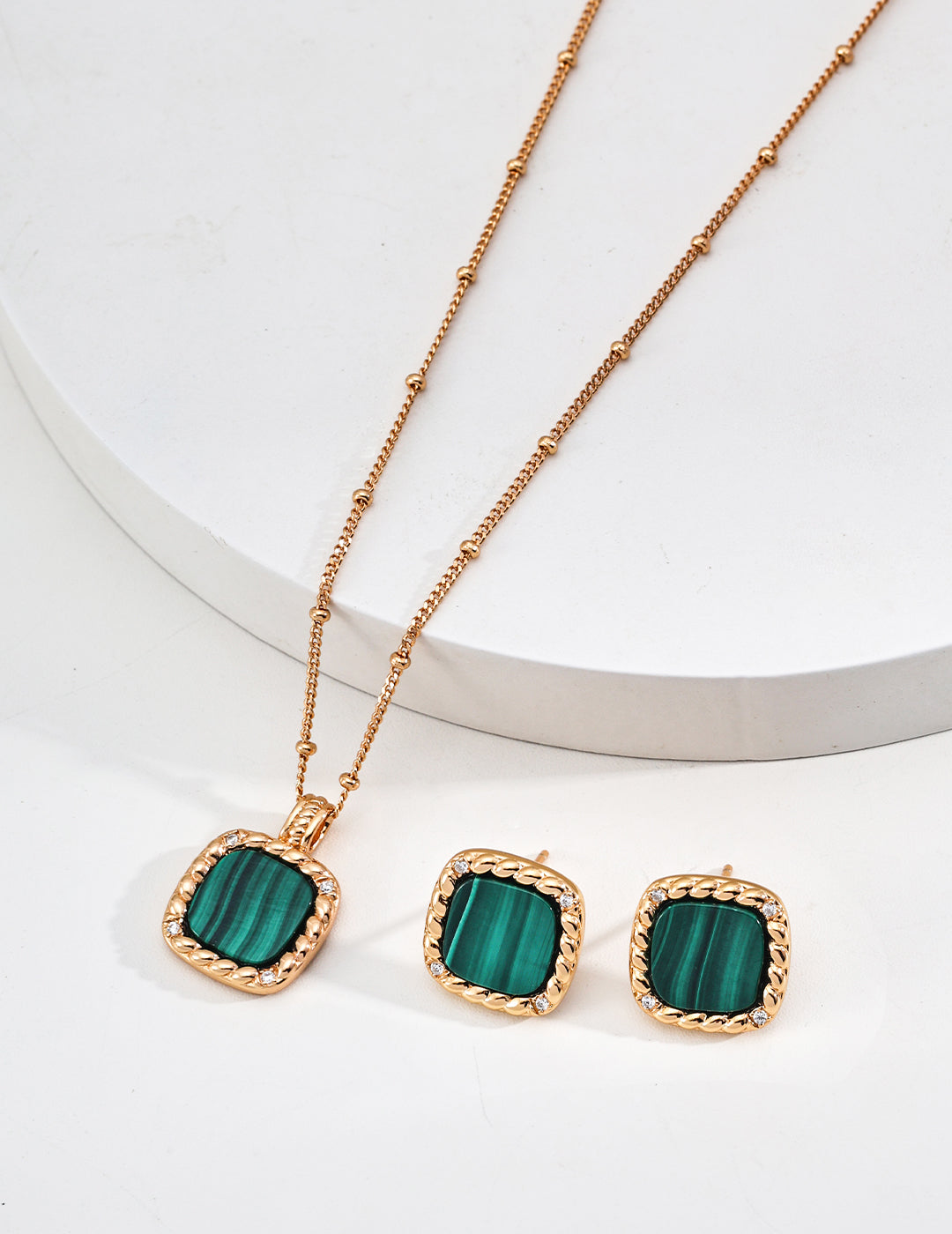 18K Gold S925 Silver - Malachite Square Stud Earrings & Necklace Set