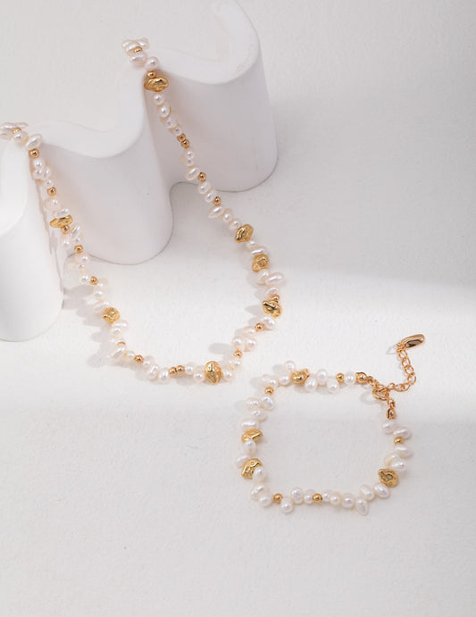 18K Gold S925 Silver - Golden Pearl Cascade Bracelet & Necklace Set