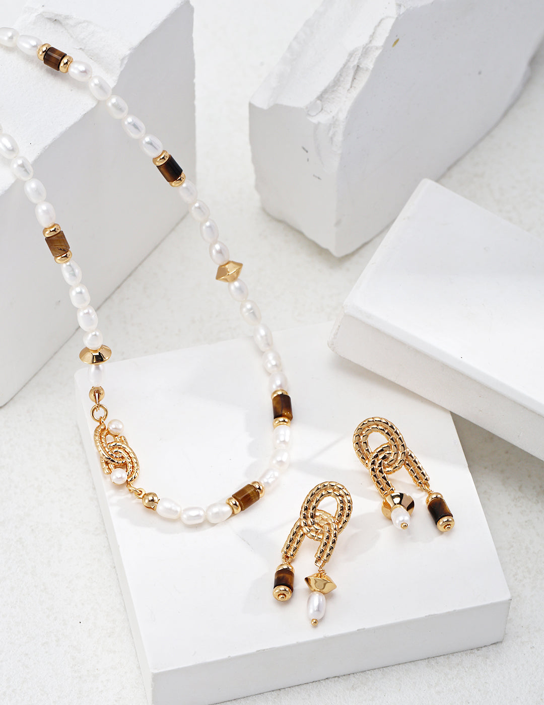 18K Gold S925 Silver - Golden Tiger Eye Stone Earrings & Necklace Set